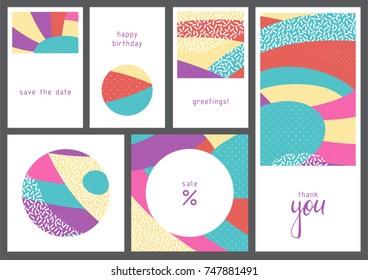 Set of creative universal geometric cards. Designs for prints, wedding, anniversary, birthday, Valentine's day, party invitations, posters, cards, etc. Vector. Isolated.