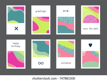 Set of creative universal geometric cards. Designs for prints, wedding, anniversary, birthday, Valentine's day, party invitations, posters, cards, etc. Vector. Isolated.