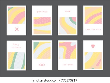 Set of creative universal geometric cards. Designs for prints, wedding, anniversary, birthday, Valentine's day, party invitations, posters, cards, etc. Vector. Isolated.