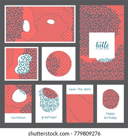Set of creative universal geometric cards. Designs for prints, wedding, anniversary, birthday, Valentine's day, party invitations, posters, cards, etc. Vector. Isolated.
