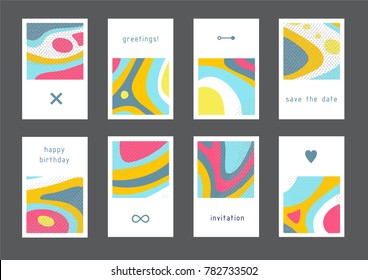 Set of creative universal geometric cards. Designs for prints, wedding, anniversary, birthday, Valentine's day, party invitations, posters, cards, etc. Vector. Isolated.