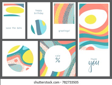 Set of creative universal geometric cards. Designs for prints, wedding, anniversary, birthday, Valentine's day, party invitations, posters, cards, etc. Vector. Isolated.