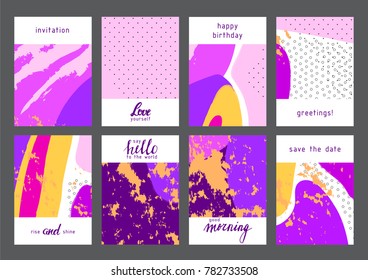 Set of creative universal geometric cards. Designs for prints, wedding, anniversary, birthday, Valentine's day, party invitations, posters, cards, etc. Vector. Isolated.