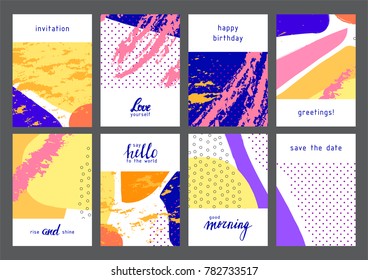 Set of creative universal geometric cards. Designs for prints, wedding, anniversary, birthday, Valentine's day, party invitations, posters, cards, etc. Vector. Isolated.