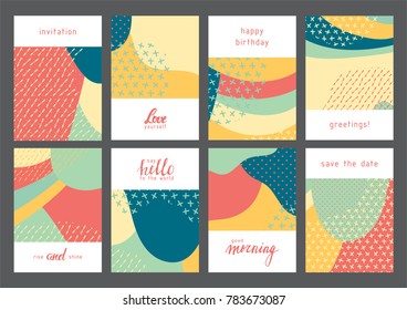 Set of creative universal geometric cards. Designs for prints, wedding, anniversary, birthday, Valentine's day, party invitations, posters, cards, etc. Vector. Isolated.