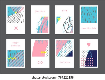 Set of creative universal geometric cards. Designs for prints, wedding, anniversary, birthday, Valentine's day, party invitations, posters, cards, etc. Vector. Isolated.