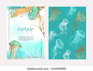 Set of creative universal greeting cards in nautical style with jellyfish. Hand Drawn textures. Wedding, anniversary, birthday, party invitations. Vector. Isolated. template for sea poster