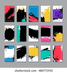 Set of creative universal grunge colorful  banners, frames, stickers, backgrounds, flyers, cards. Hand drawn textures and design elements. Place for text, information, quote.