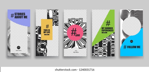 Set of creative universal Stories  Template in trendy style on transparent background for social media promo with swipe up buttons. Streaming. 
Love, follow me, this is my life.
Vector