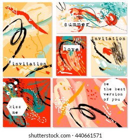 Set of creative universal wedding invitation cards. Hand Drawn textures. Wedding, anniversary, birthday, Valentine's day, party. Design for banner, poster, card, invitation, brochure, flyer. Vector.