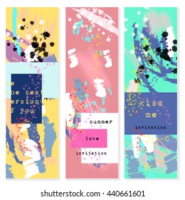 Set of creative universal wedding invitation cards. Hand Drawn textures. Wedding, anniversary, birthday, Valentine's day, party. Design for banner, poster, card, invitation, brochure, flyer. Vector.