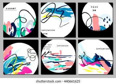 Set of creative universal wedding invitation cards. Hand Drawn textures. Wedding, anniversary, birthday, Valentine's day, party. Design for banner, poster, card, invitation, brochure, flyer. Vector.