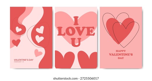 Conjunto de cartões de dia de Valentim criativos com formas de coração vermelho e tipografia