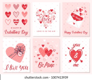 Set of creative Valentines Day cards with hearts,dots,hugs and kisses,love letter,gift box and arrows.Romantic illustrations perfect for prints,flyers,posters,holiday invitations and more.