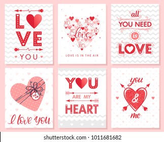 Set of creative Valentines Day cards with hearts,dots,hugs and kisses,gift box and arrows.Romantic illustrations perfect for prints,flyers,posters,save the date,holiday invitations and more.