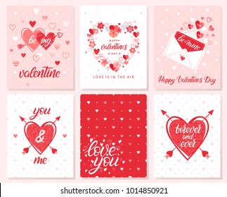 Set of creative Valentines Day cards with hearts,flowers,dots,love letter and arrows.Romantic illustrations perfect for prints,flyers,posters,save the date,holiday invitations and more.