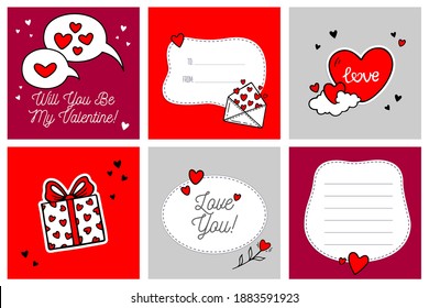 Juego de creativas tarjetas de San Valentín al estilo de doodle con corazones y otros símbolos de amor. Plantillas. Etiquetas de regalo, etiquetas, volantes, afiches, invitaciones de vacaciones, dibujadas a mano romántica el 14 de febrero. 