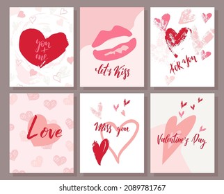 A set of creative Valentine's Day cards with hearts and kisses.Romantic illustrations are perfect for prints, flyers, posters, holiday invitations and much more.