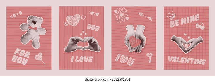 Set of creative Valentine's Day cards. Vector illustrations of posters with Cut Out newspaper collages and doodles. Contemporary flyer with Torn paper and hand drawn elements groovy nostalgia styles