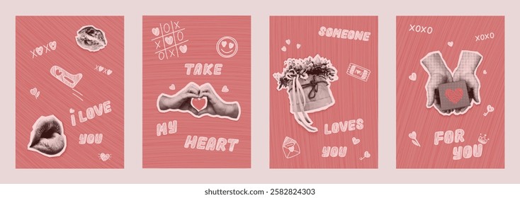 Set of creative Valentine's Day cards. Vector illustrations of posters with Cut Out newspaper collages and doodles. Contemporary flyer with Torn paper and hand drawn elements groovy nostalgia styles