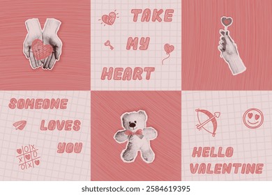 Set of creative Valentine's Day cards. Vector illustrations of posters with Cut Out newspaper collages and doodles. Contemporary flyer with Torn paper and hand drawn elements groovy nostalgia styles