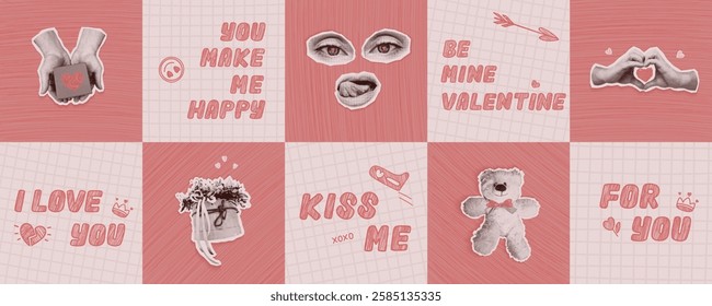 Set of creative Valentine's Day cards. Vector illustrations of posters with Cut Out newspaper collages and doodles. Contemporary flyer with Torn paper and hand drawn elements groovy nostalgia styles