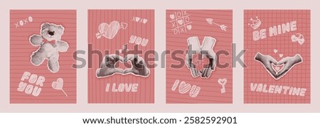 Set of creative Valentine's Day cards. Vector illustrations of posters with Cut Out newspaper collages and doodles. Contemporary flyer with Torn paper and hand drawn elements groovy nostalgia styles