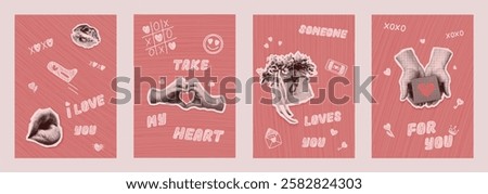 Set of creative Valentine's Day cards. Vector illustrations of posters with Cut Out newspaper collages and doodles. Contemporary flyer with Torn paper and hand drawn elements groovy nostalgia styles