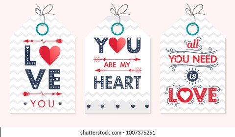 Set of creative Valentines Day cards.Hand drawn lettering with hearts, arrows and zig zag backgrounds.Romantic illustrations perfect for design greetings,prints, flyers, cards, save the date and more.