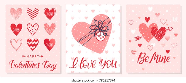 Set of creative Valentines Day cards.Hand drawn lettering with hearts,dots,hugs and kisses,gift box and arrows.Romantic illustrations perfect for prints,flyers,posters,holiday invitations and more.