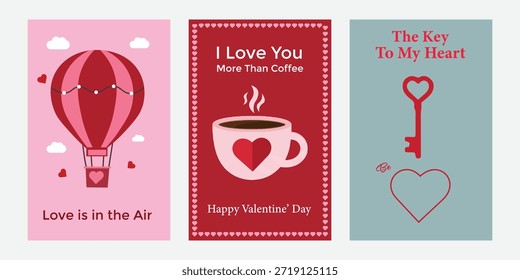 Conjunto de tarjetas de felicitación creativas del día de San Valentín con conceptos románticos únicos que incluyen un globo de aire caliente del corazón, taza de café y llave del corazón. Moderno Paquete de Ilustración vectorial con lindas citas para carteles navideños y redes sociales.