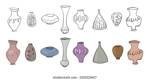 Set of creative vases in the style of doodles and cartoons. Design element, interior item, vessel for flowers. Vector illustration. Element for greeting cards, posters, stickers and seasonal design.