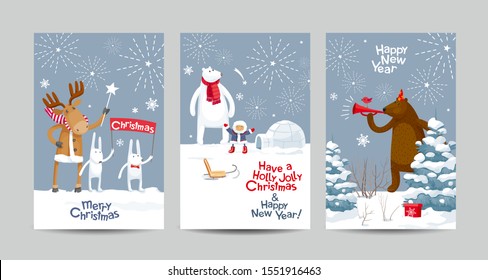 Set von kreativen Vektorkarten zu Weihnachten. Weihnachtsgalaxie. Weihnachts- und Neujahrsbild mit süßen Cartoon-Tieren, Vögeln und dem Weihnachtsmann für Grußkarten, Plakate, Banner, Verkäufe und andere Winterveranstaltungen