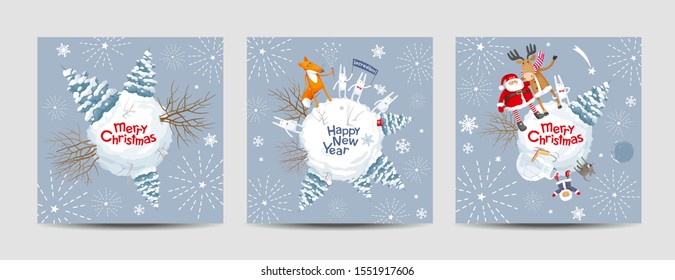 Set of a creative vector Christmas cards. Christmas Galaxy. Christmas and New Year image with cute cartoon  animals, birds and Santa for greeting cards, posters, banners, sales and other winter events