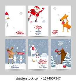 Set of a creative vector Christmas cards. Christmas Galaxy. Christmas and New Year image with cute cartoon  animals, birds and Santa for greeting cards, posters, banners, sales and other winter events