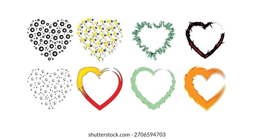Conjunto de ícones cardíacos vetoriais criativos com traços de pincel grunge, padrões de estrelas e texturas de confetes festivos para o Dia dos Namorados e design gráfico abstrato.