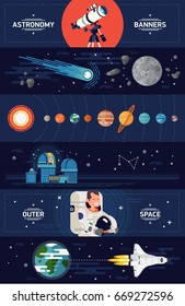 Set of creative vector horizontal web banners templates on astronomy and space exploration with planets, comet, moon, telescope, astronaut, observatory, spacecraft shuttle and more