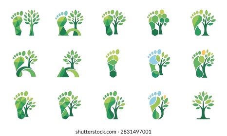 A set of creative vector icons combining human footprints and tree silhouettes, designed to represent environmental conservation and ecological awareness.