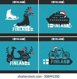 Set of creative vector illustrations, labels of Scandinavian country - Finland. Isolated on the blue background.