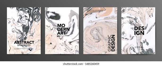 Set of creative vector marble cards. Hand Drawn textures made with special ink. Ochre, black and white marble background. Fluid art. Applicable for design cover, posters, presentation, invitation.