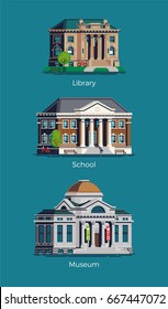 Set of creative vector municipal public educational and culture institution buildings. School or college, library and museum. Knowledge and education buildings illustration