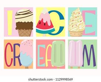 set of creative vector tasty colorful ice cream collection with many flavor illustrations with text icecream isolated on colorful background