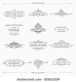 Set of creative vector templates for logo,label or banners on the theme of quality and business in vintage style. Flourishes calligraphic elements. Design frame and page decor