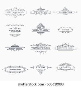 Set of creative vector templates for logos, labes or banners on the theme of quality and business in vintage style. Flourishes calligraphic elements. Design frame and page decor