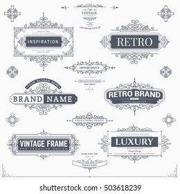 Set of creative vector templates for logos, label or banners on the theme of quality and business in vintage style. Flourishes calligraphic elements. Design frame and page decor