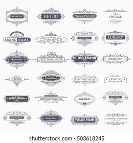 Set of creative vector templates for logos, label or banners on the theme of quality and business in vintage style. Flourishes calligraphic elements. Design frame and page decor