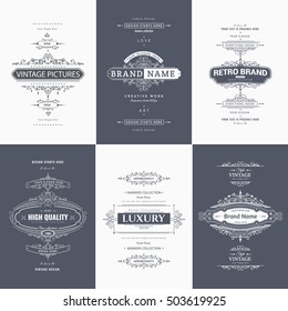 Set of creative vector templates for logos, label or banners on the theme of quality and business in vintage style. Flourishes calligraphic elements. Design frame and page decor