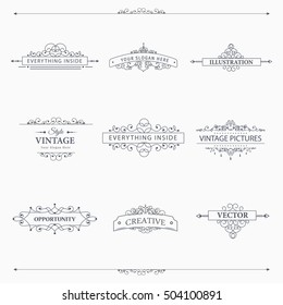 Set of creative vector templates for logos, label or banners on the theme of quality and business in vintage style. Flourishes calligraphic elements. Design frame and page decor