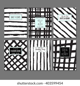 Set of creative vector universal cards. Wedding, anniversary, birthday, party. Design for poster, card, invitation, brochure, flyer. Creative hand painted textures. Stripes, blobs, strokes.
