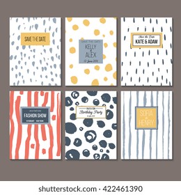 Set of creative vector universal cards. Wedding, anniversary, birthday, party. Design for poster, card, invitation, brochure, flyer. Creative hand painted textures. Stripes, blobs, strokes.
